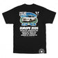A black short-sleeve graphic t-shirt laid flat against a white background. The shirt features a large front print with a white car, a blue circular design, and text celebrating 'Phat Kat & Ron Doe Is St Down Europe 2026' along with multiple city names and 'Money Truck Records'.